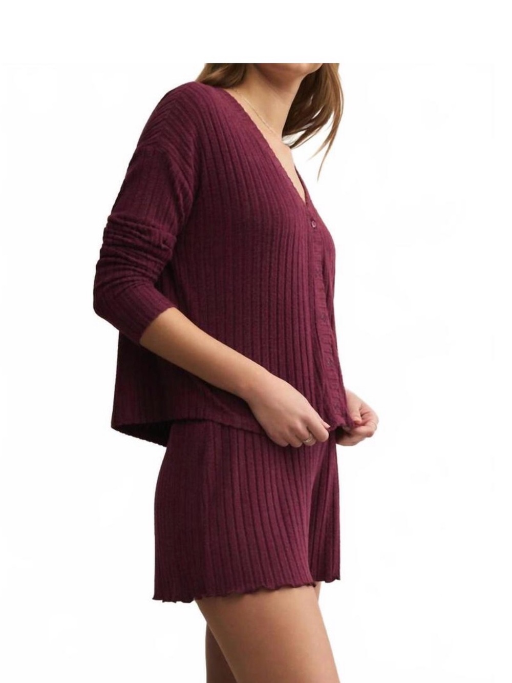 Z Supply Set, Ribbed Button-Front Lounge Top & Shorts in Merlot